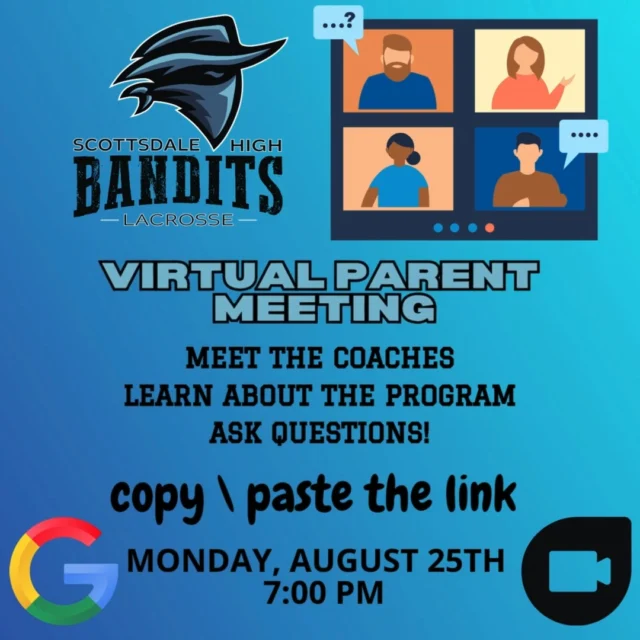 TOMORROW: Monday, August 25th we have a virtual parent meeting at 7:00pm. Please log on to meet the coaches and find out more about the upcoming season.
 https://meet.google.com/qwt-qhkp-ado 
 Go Bandits!